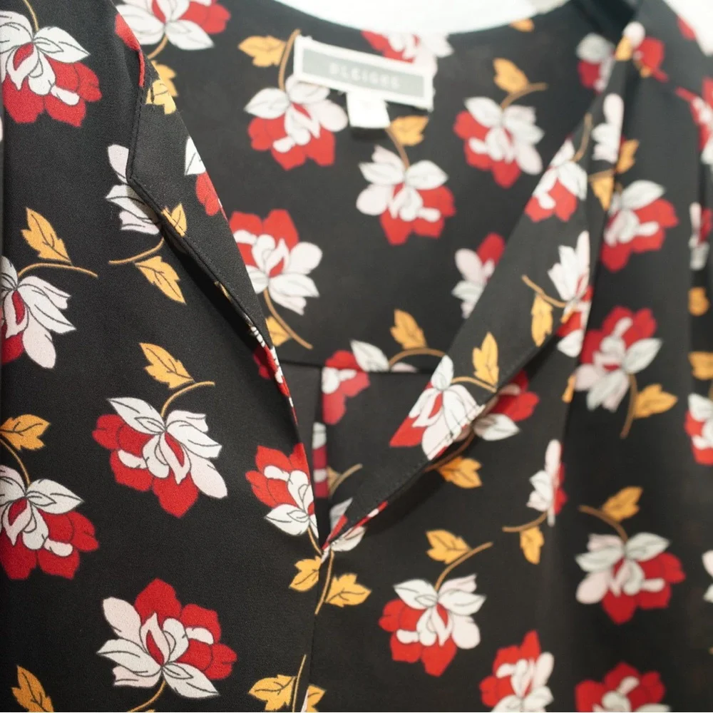 Pleione Blouse Womens Large 3/4 Long Sleeve Black Floral Print Shirt Lightweight - Picture 6 of 12